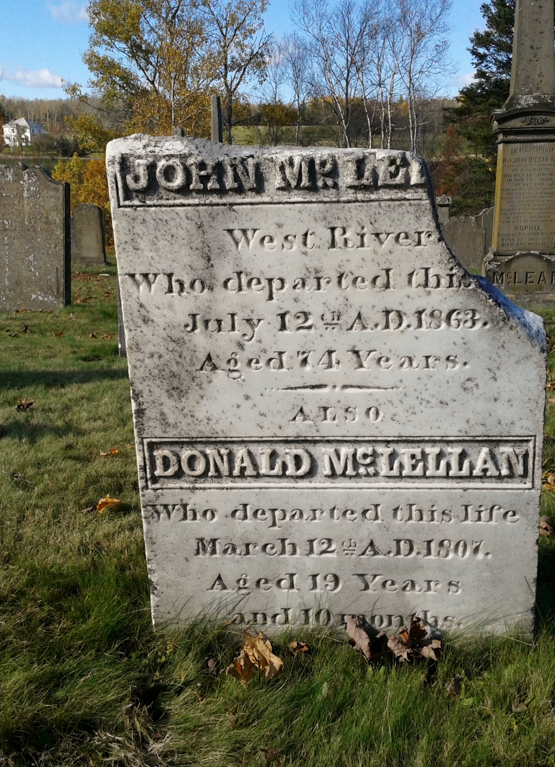 Photo of headstones/John McLellan d1863 hdstn Durham Cem Pictou NS